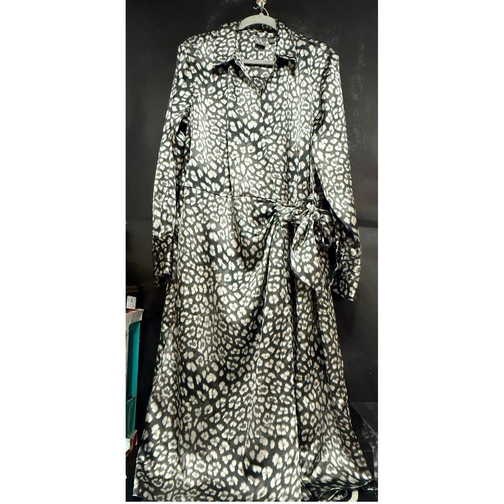 Worthington Womens XXL Grey Black Leopard Print Satin Maxi Shirt Dress Tie Waist